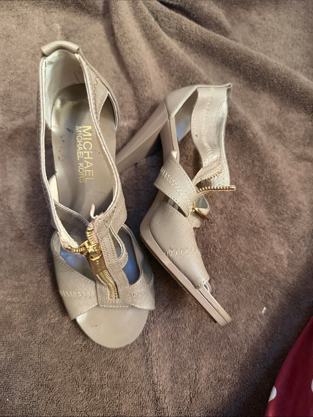 Michael Kors Taupe Open-Toe Heeled Sandals with Gold Zip Accent